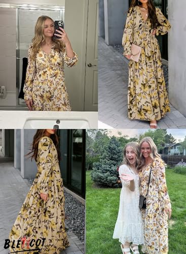 Image of BLENCOT Womens Casual Boho Floral Printed V Neck Long Sleeve Long Maxi Dress Spring Summer Dresses