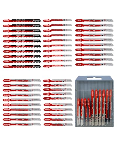 50PCS T-Shank Jigsaw Blades Set - FOCSTOL HSS/HCS Jig Saw Blades for Cutting Metal, Wood and Plastic (T118A,T118B,T101AO,T101B,T101BR,T144D)