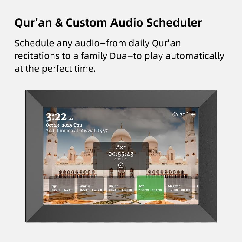Calendario digitale islamico Hijri, orologio da preghiera, timer intelligente Azan con doppio calendario, pianificazione audio Qur'an, orari di preghiera basati sulla posizione