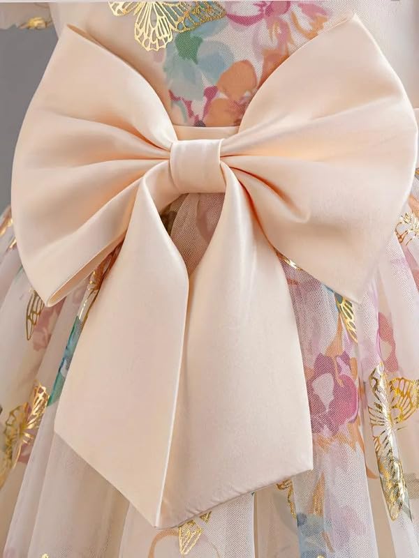 Image of Niren Enterprise Baby Girls Fit And Flare Knee Length Gold Foil Butterfly Puff Sleeve Bowknot Princess Gown Dress for Special Occasions