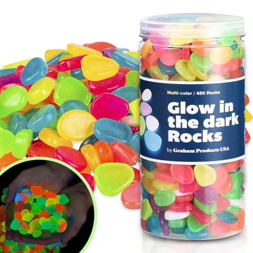 Graham Products Glow in The Dark Rocks - 450 Pieces, Multicolor - Solar-Charged Glow Pebbles for Indoor & Outdoor Garden, Aquarium & Walkway Accents