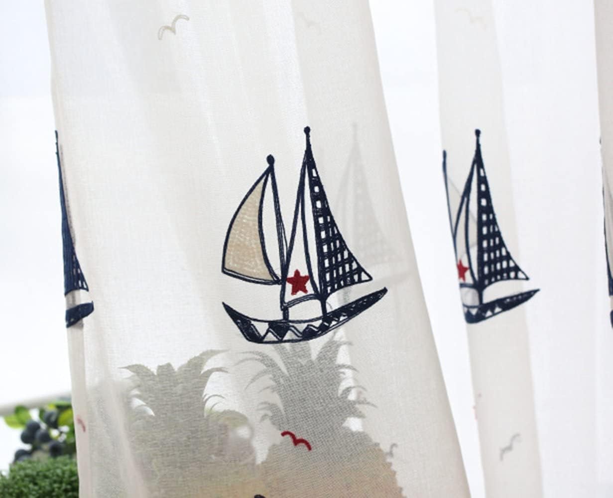 HooHero White Mediterranean Style Window Treatments 100 Wide Sheer Curtains Kids Living Room Sailboat Printed Rod Gauze Voile Liner Curtain