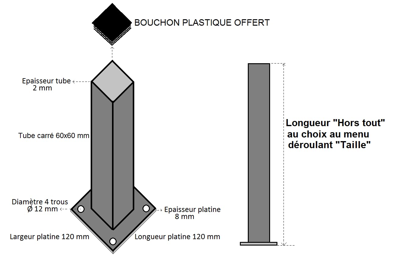 Générique LeMétal – Poteau carré Acier 60x60x2 mm (180 cms) - Longueur au Choix de 50 à 300 cms- Bouchon Plastique Offert !