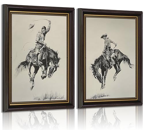 Framed 2Pcs Western Cowboy Canvas Wall Art Black White Sketch