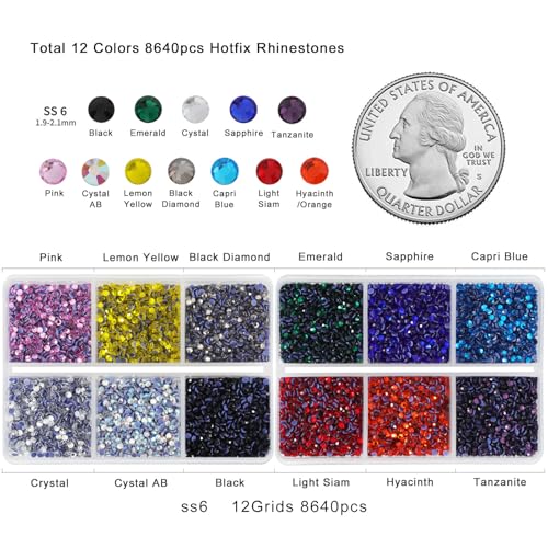 Image of Hotfix Rhinestones Mixed 12 Colors, SS6 /8640pcs | Mat:glass,2 mm, for Crafts Clothes, with Tweezers, Wax Pencils