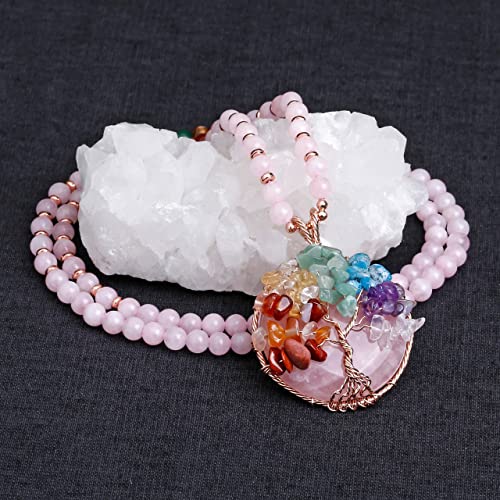 Image of Top Plaza 7 Chakra Healing Crystal Natural Round Gemstone Pendant Necklace Tree of Life Copper Wire Wrapped Beads Necklaces Reiki Jewelry for Women