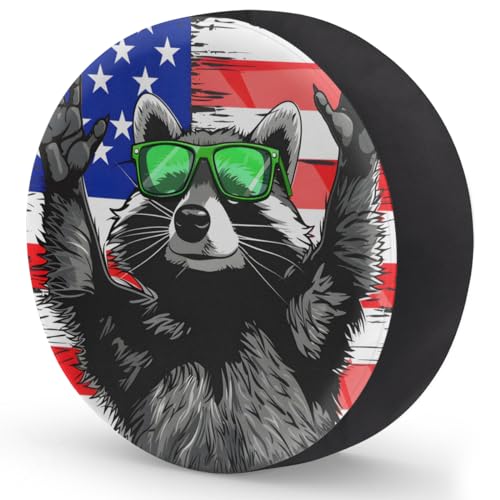 Image of Spare Tire Cover for RV Trailer, American Flag Raccoon Tire Covers Universal Fit for Travel Trailer Camper Jeep RV SUV Truck Waterproof Wheel Cover (14 inch for Diameter 25 inch - 27 inch)