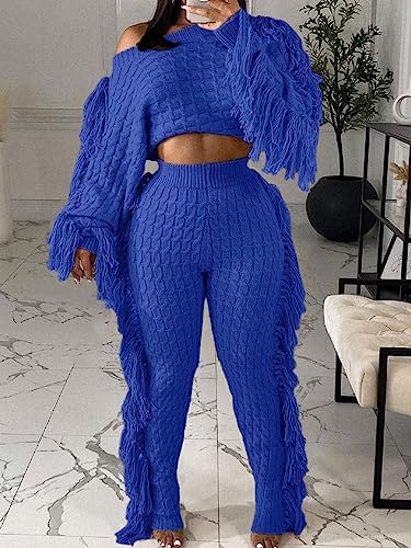 Image of KANSOON 2 Piece Sweater Set for Women Cable Knit Fringe Crop Top and Pants | Cozy feel, ribbed high waist, comfortable stretch fit for birthday and chilly going-out outfits