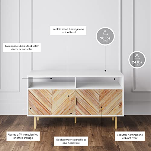 Nathan James Izsak Media Console, Brown/White/Gold & Enloe Modern Storage, Free Standing Accent Cabinet With Doors In A Rustic Fir Wood Finish Powder-Coated Metal Base, White/Gold #TOP3