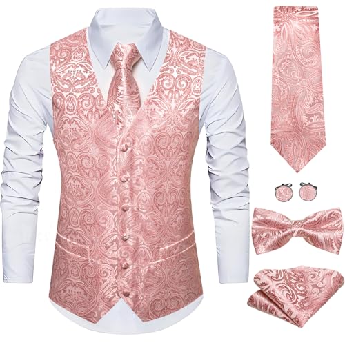 Image of Barry.Wang Men's Suit Vest Tie Bowtie Set Formal Silk Paisley Waistcoat Hanky Cufflinks Lapel Pin Set Wedding Party 7PCS