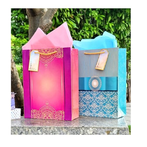 Image of Flora Paperbags Gift Bags -Wedding Combo Paper Bags for Return Gifts|Medium Carry Bags|Goodie Bags with Tissue Paper and Thank You Card Gift Tag |Pack of 10 |Size 12x9x3.5 inches|Multi-coloured