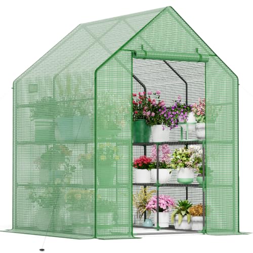 Image of Walk in Greenhouses, 57 x 57 x 76 inch Green House, Greenhouse for Outdoors with Durable PE Cover, Portable Greenhouse with Shelves Stands,Green