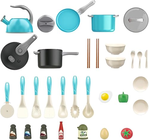 Miniatura 9 de Bruvoalon Juego de 32 juguetes de cocina para niños, accesorios de cocina con ollas, sartenes, utensilios de cocina, alimentos, verduras enlatadas,