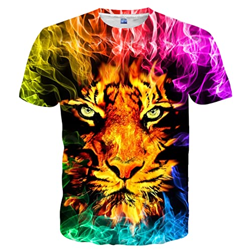 Linnhoy Homens mulheres camisas unissexo 3D impressão gráfica manga curta decote Crenneck casual t-shirts, tigre colorido, L, Tigre colorido, L