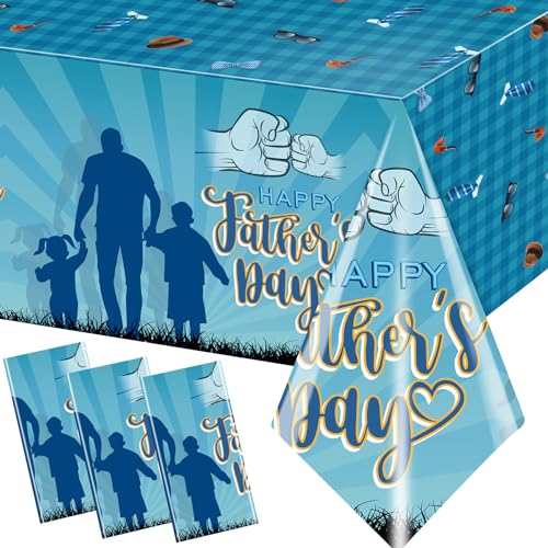 Image of 3Pcs Fathers Day Tablecloths - Blue Happy Fathers Day Rectangular Plastic Table Covers for Party Supplies, Size 70.8X42.5in