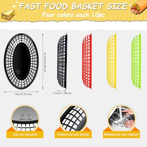 40Pack Reusable Plastic Food Baskets with 100 Liners, Bread Fry, Plastic Fast Food Baskets for Chicken, Hot Dogs, Fries, Sandwiches and Picnic, Party (Multiple Colors) - Thumbnail 3