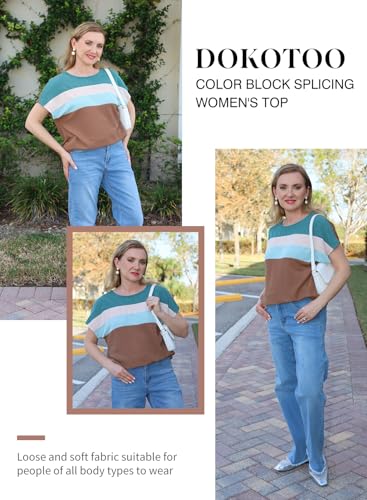 Dokotoo Womens Summer Tops 2026 Fashion Color Block Shirts Casual Crewneck Oversized Tshirts Ribbed Knit Tees Blouse - image 5
