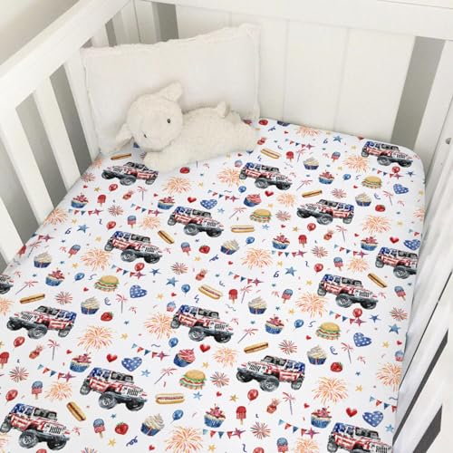 Image of American Flag Trucks Crib Mattress Sheet 52''x28'' 4th of July Patriotic Stars Burgers Stretchy Fitted Crib Mattress Sheet for Boy Girl Soft Nursery Baby Sheets for Standard Crib and Toddler Mattress