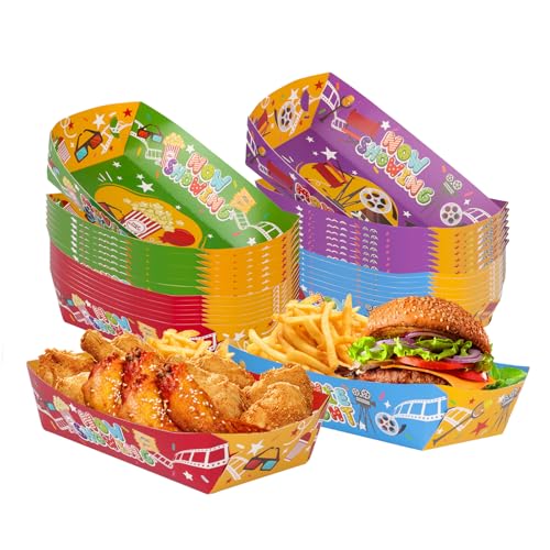 HAPYPATY 48 Pcs Movie Night Snack Trays, 3 lbs Paper Food Trays, Movie Night Supplies for Family Movie Party, Movie Container Holder for Birthday Party