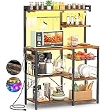 Cyclysio Bakers Rack with Power Outlet and LED Light, 6-Tier Microwave Stand Storage with Wire Basket, Coffee Bar Cabinet with 10 Hooks, Kitchen Island Table for Spices, Pots, Pans, Brown