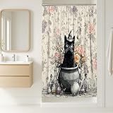 Katzen-Duschvorhang, Vintage-Blumen-Hexen-Dekor für Halloween, cremefarben, wasserdichter Stoff, Badezimmer-Vorhang mit Haken, gemütlicher Herbst-Stil, 91,4 x 183,9 cm