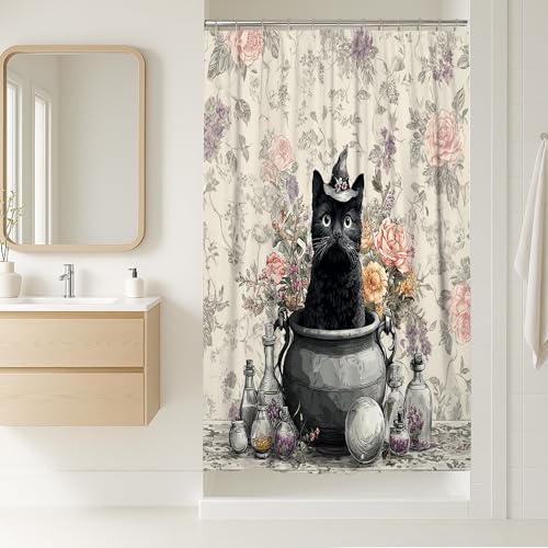 Katzen-Duschvorhang, Vintage-Blumen-Hexen-Dekor für Halloween, cremefarben, wasserdichter Stoff, Badezimmer-Vorhang mit Haken, gemütlicher Herbst-Stil, 91,4 x 183,9 cm