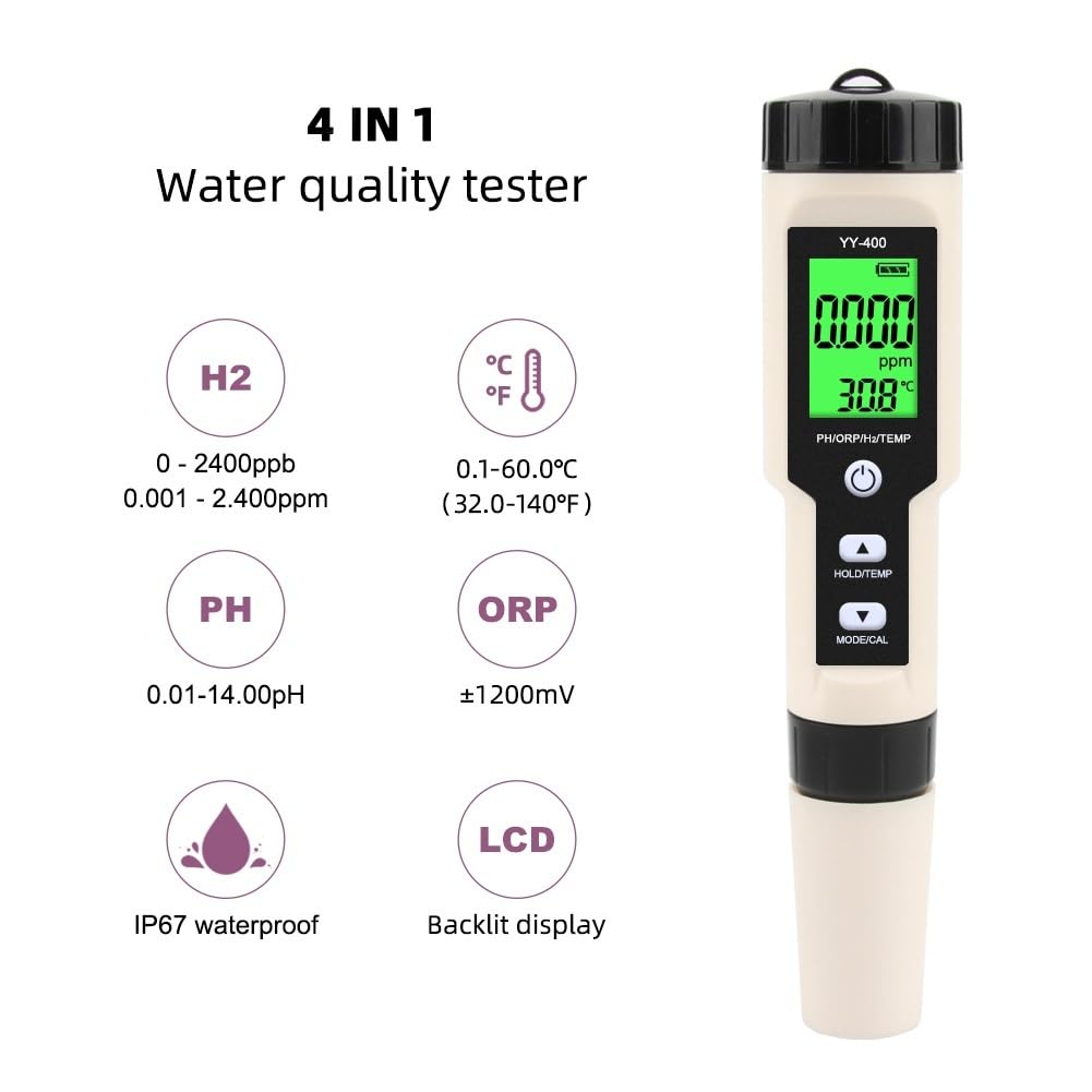 Cyfrowy miernik stężenia jonów wodorowych Tester jakości wody 4 w 1 PH/ORP/H2 termometr do pitnej