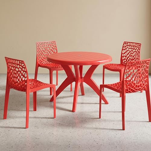 Image of Supreme Web Chair & Marina Table 5-Piece Set | Heavy Duty Plastic 4-Seater Dining Set for Living Room, Garden, Cafe & Outdoor Balcony, Color: Red