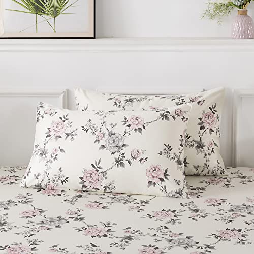 Fadfay Floral Sheets Set Queen Vintage Rose Floral Bedding Shabby Grey And Pink Peony Printed Sheets Farmhouse Bedding 800 Thread Count 100% Egyptian Cotton Deep Pocket Fitted Sheet 4Pcs, Queen Size #TOP6