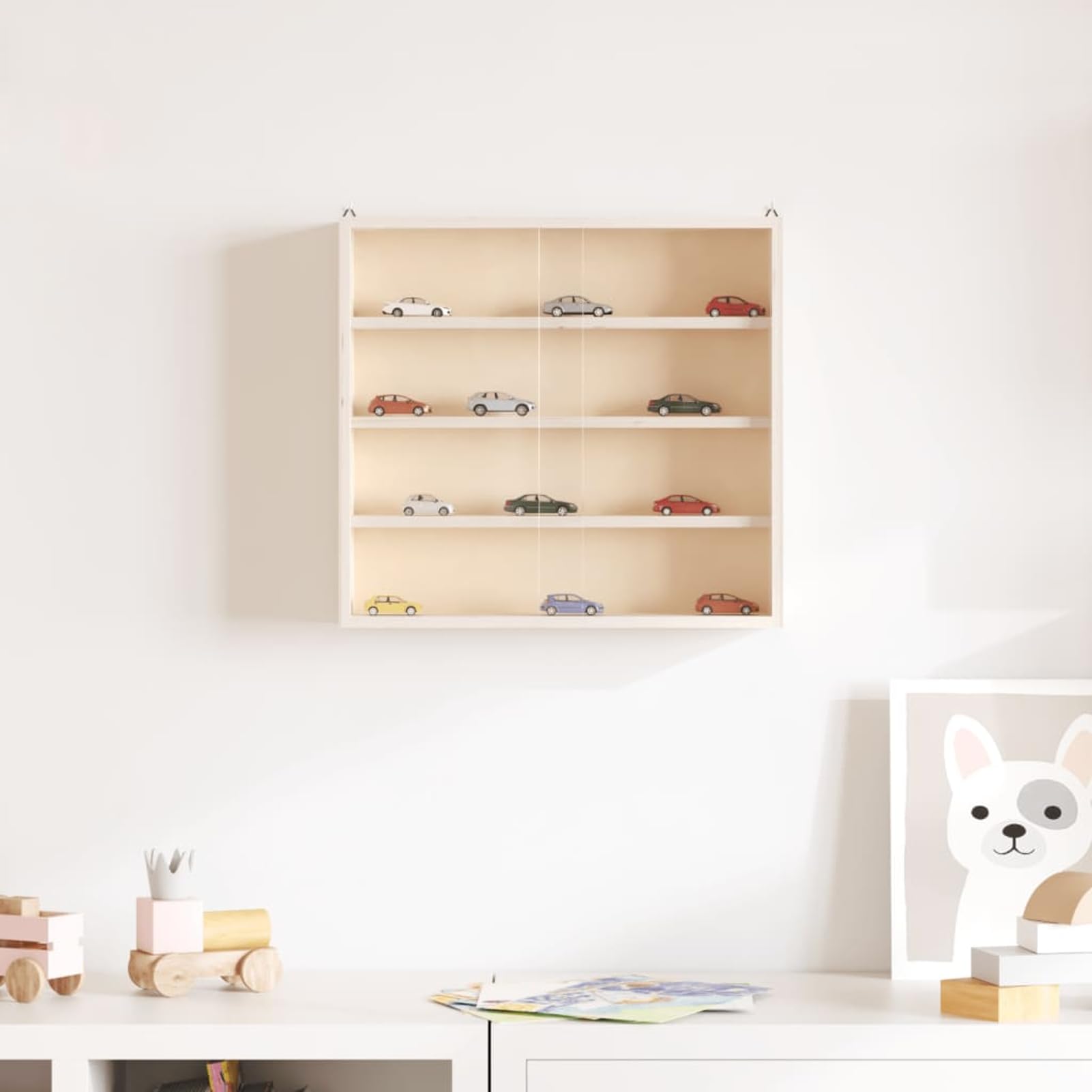 Homgoday Sammlervitrine aus Holz mit Schiebetüren, Wandvitrine mit 4 Fächern, Sperrholz-Schaukasten in Weiß 40x8,5x37 cm, für Wohnzimmer, Esszimmer oder Schlafzimmer 4017385