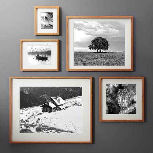 Image of 8x10 Picture Frame Set of 3, USA-Sourced Natural Cherry Wood Photo Collage Frame with HD Tempered Glass, Modern Simple 8 x 10 Wooden Frame Matted to 5x7 Gallery Frames for Art Wall or Tabletop Display