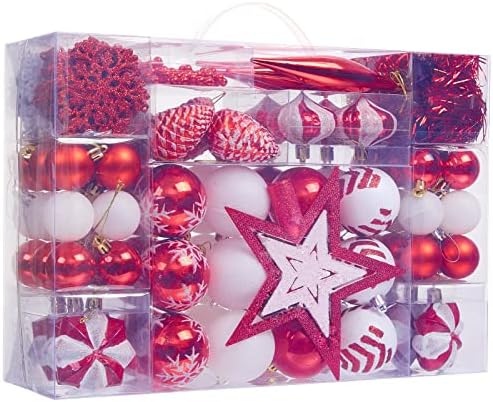 119 Pcs Christmas Ball Ornaments Set, Assorted Shatterproof Tree Ornaments with Reusable Hand-held Gift Package, Christmas Tree Decorations for Xmas Holiday Party - Red White