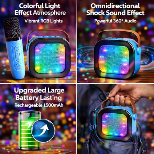 Image of Rechargeable Karaoke Mic with Speaker for Kids | Wireless Mini Portable Bluetooth Speaker, Microphone & LED Lights, Birthday Gift, Multicolor