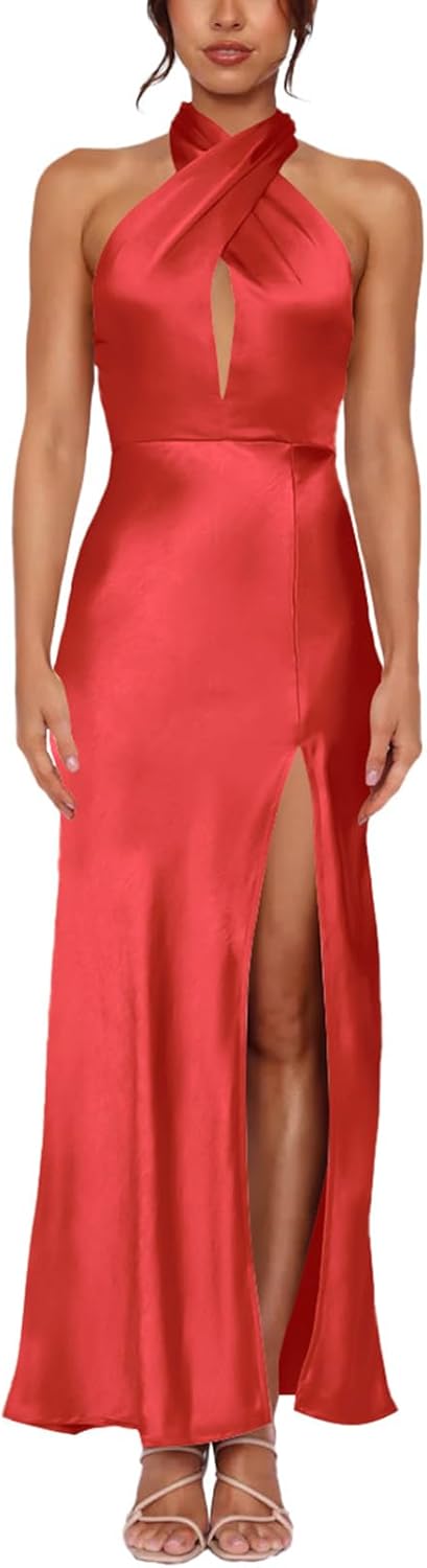 firfig Women's Halter Satin Dress Crisscross Sleeveless Midi Cocktail Party Dress Backless Split Formal Evening Dresses - Image 5