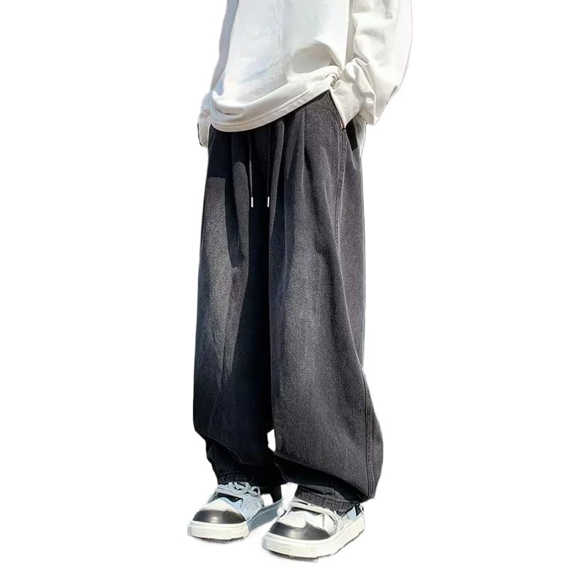Men's Casual Denim Pants Baggy Y2k Drawstring Elastic Waist Wide Leg Jeans Hip Hop Streetwear for Men