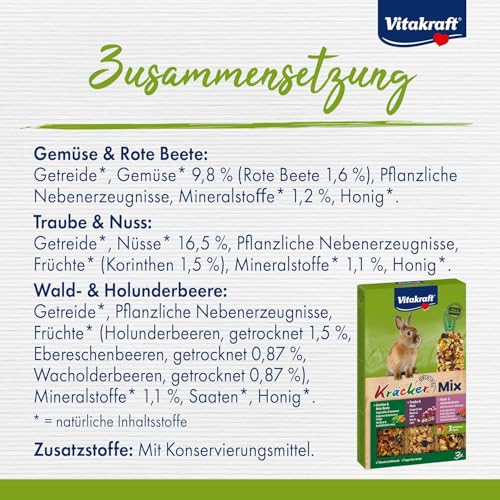 Vitakraft Kräcker Mix, Nagersnack, für Zwergkaninchen, mit Gemüse und Rote Beete, mit Traube und Nuss, mit Waldbeere und Holunderbeere, ohne Zusatz von Zucker und Getreide (10x 168g)