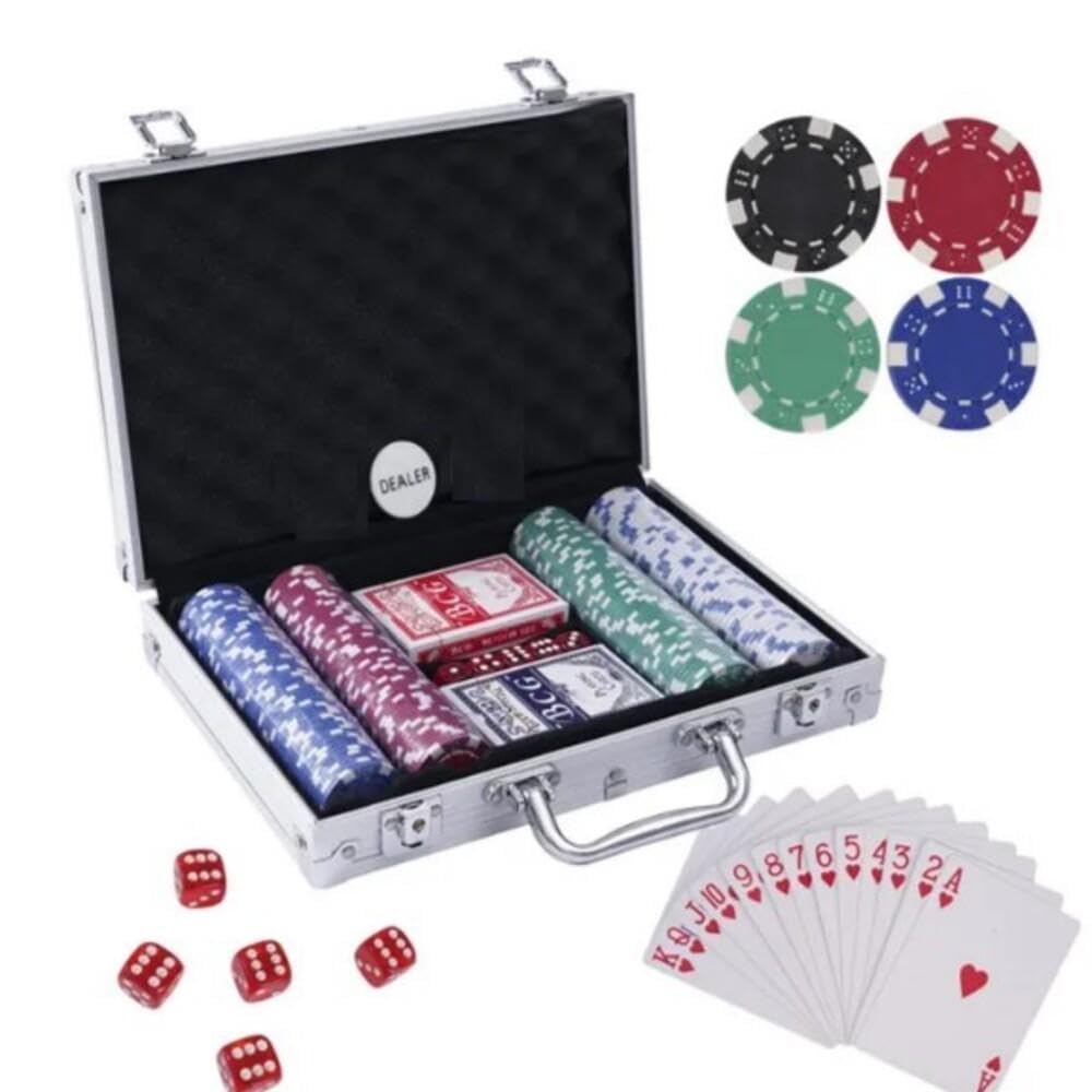 Jogo De Poker Maleta 200 Fichas Numeradas 2 Baralhos 5 Dados