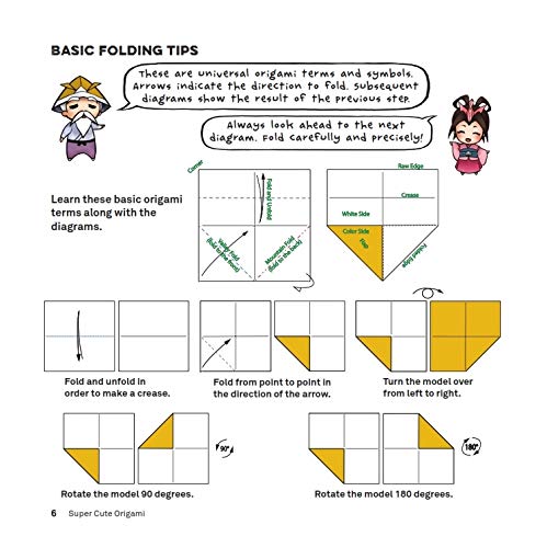 Page from the instruction book showing basic origami folding tips with diagrams and cartoon characters.