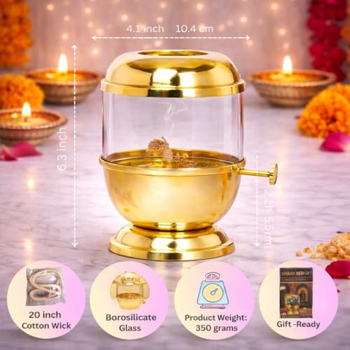 Image of Brass akhand Diya, Big Size 250ml | 12 Long Wicks Included | with Wick-Lifting Screw Lever & Borosilicate Glass - Long Burning Oil lamp | deepam for mandir, Home Temple & Festive Use