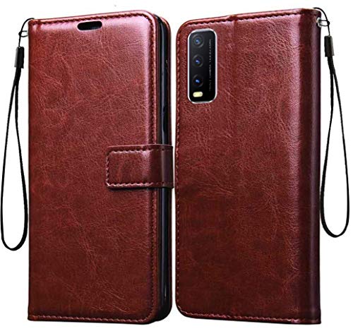 Image of Vintage Leather Flip Cover Compatible Model for Vivo V2037 / Vivo Y20G - Cherry Brown