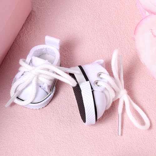 Lyreh 2 Paar Mini-Puppenschuhe, Süße Schnürschuhe aus Canvas für 17cm/15cm Große Plüschpuppen Griffbrettschuhe Spielzeug-Outfit-Accessoires (Rosa, Weiß)