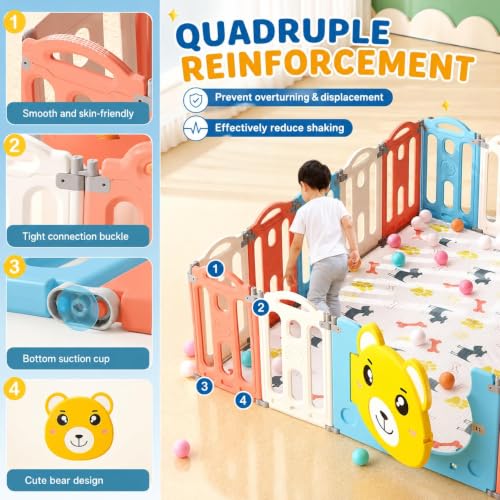 Image of Hukimoyo Large Baby Playpen 20 Panels /45 Sq Ft Play Area Indoor Setup with Mat ,balls | Play Yard for Babies 0-3 Years with Padded Boundary |Indoor Outdoor Toddler , infant fence Activity Center with Safety Door Lock & Suction Cups (6 * 7.5 FT)