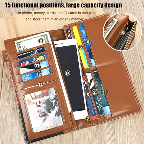 Cowhide Vintage Wallet, Genuine Leather Men's Long Handbag RFID Function, Holiday Gifts, Multifunctional Business Wallet (Brown)2