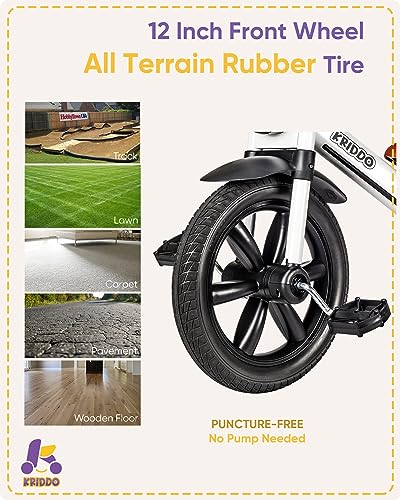 Image of KRIDDO Kids Tricycle, 12 Inch Puncture Free Wheel w Front Light, Adjustable Seat Height, Gift for 2-5 Year Olds, White