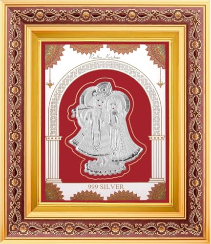 Image of 999 Pure Silver Radhakrishna Frame | Divine Home Decor | Wall Mount Square Photo for Gift, Wooden PhotoFrame for Temple & OfficeDecor, SilverGift Items | (10.50 inch x 9 inch Inch)