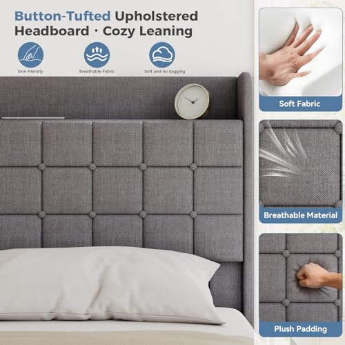Image of King Size Storage Bed Frame, Square Tufted Headboard, Platform Bed with 2 Underbed Drawers at Foot, Wooden Slats Support, No Box Spring Needed, Dark Gray