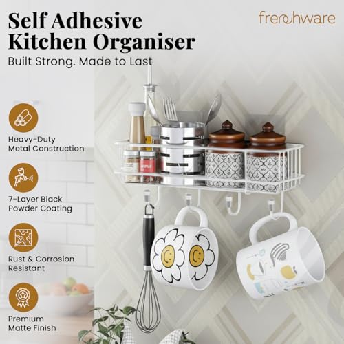 Image of Frenchware Self Adhesive Kitchen Shelf Organiser, Drill-Free Wall Rack | with Magic Stickers & 4 Hooks, Rust-Proof Storage Shelf for Bathroom, Black