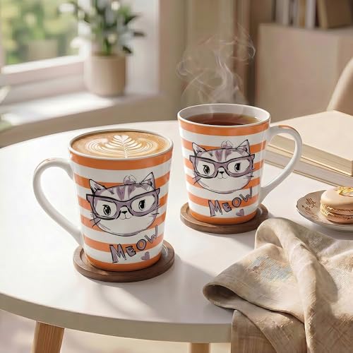 Image of UPC Cute Blue Cat Print Bone China Mug Set of 2 | Cartoon Ceramic Coffee & Tea Cups | Milk Mugs for Home, Office & Cat Lovers