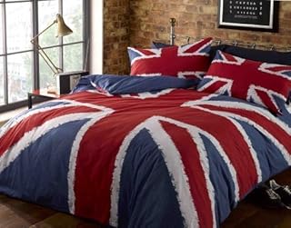 Single Duvet Cover & P/case Bed Set Navy Blue Red Union Jack Printed Bedding Set by Rapport