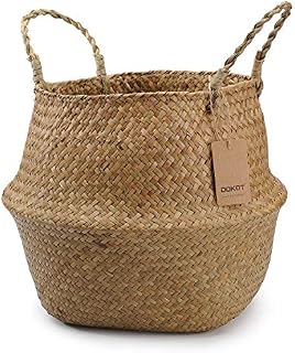 DOKOT Natural Seagrass Woven Plant Pot Laundry Storage Belly Basket With Handle (Natural)
